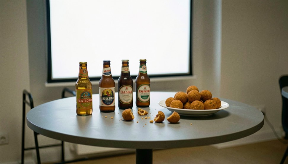 Bierviltjes en een half opgegeten schaal bitterballen op een hoge tafel voor een verlicht scherm.