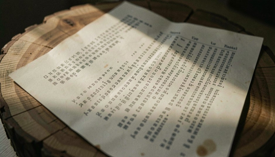 Detail van een bedrukt vel met kolommen kleine letters, half in de schaduw op een houten blad.