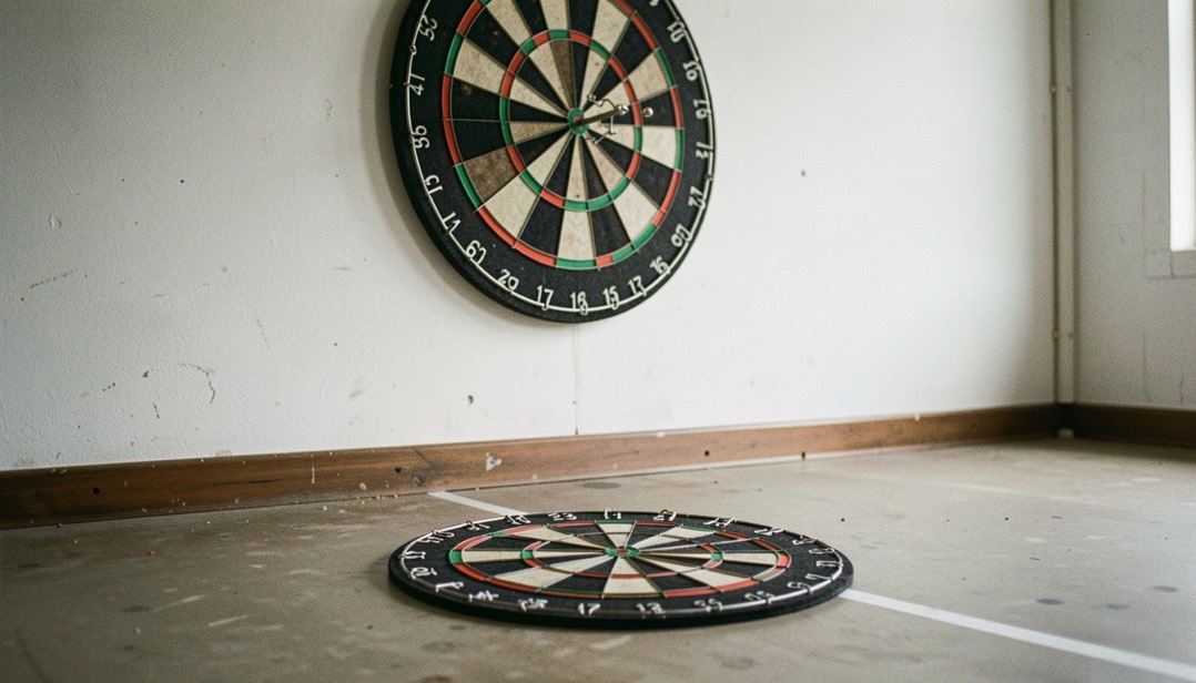 Dartbord met zwarte omranding aan een muur, dartmat op de vloer met een witte werplijn erop.