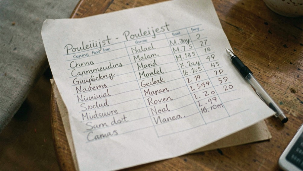 Handgeschreven poulelijst op een vel papier met namen en uitslagen in kolommen, pen ernaast.