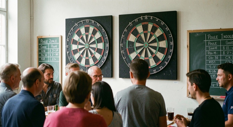 Twee dartborden naast elkaar in een zaal, groepjes spelers ervoor, krijtborden met poule-indelingen.