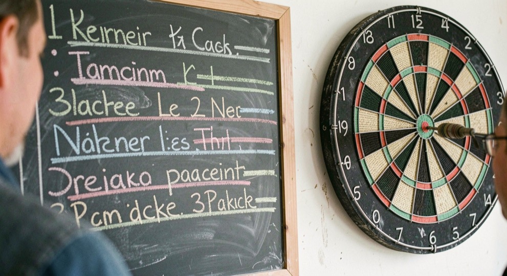 Krijtbord met namen en strepen naast een dartbord, sommige namen doorgestreept met krijt.