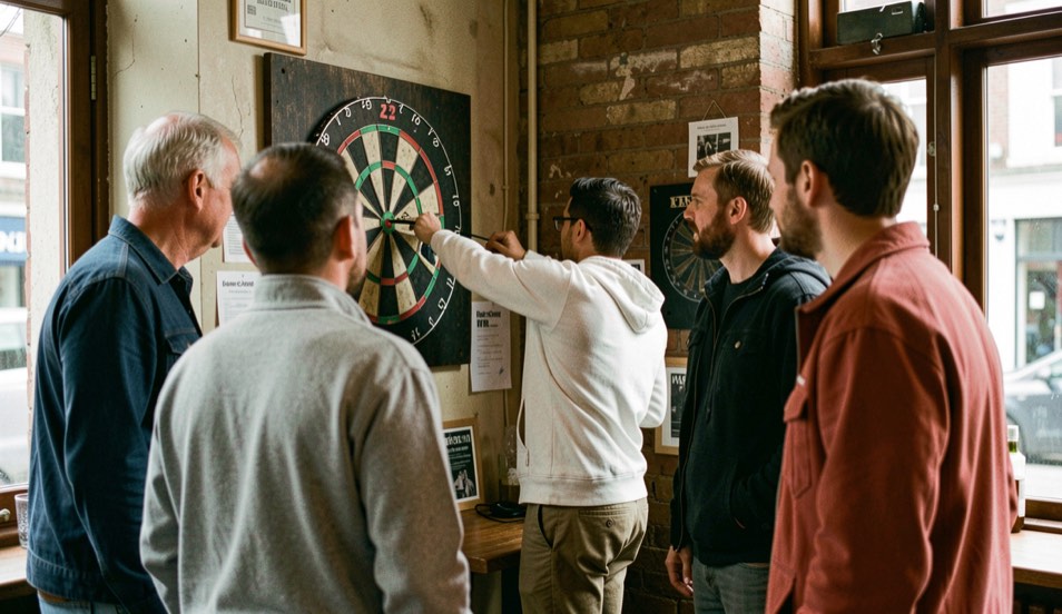 Groepje mensen om een dartbord in een cafehoek, één speler richt terwijl de anderen toekijken.