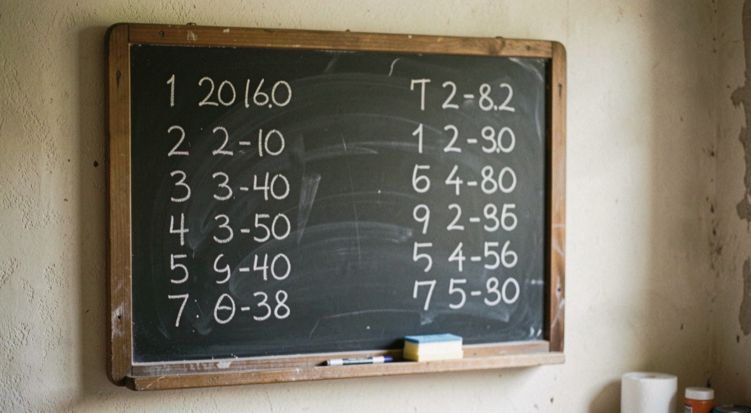 Krijtbord aan een muur met twee kolommen aftellende getallen in wit krijt, spons op de rand.