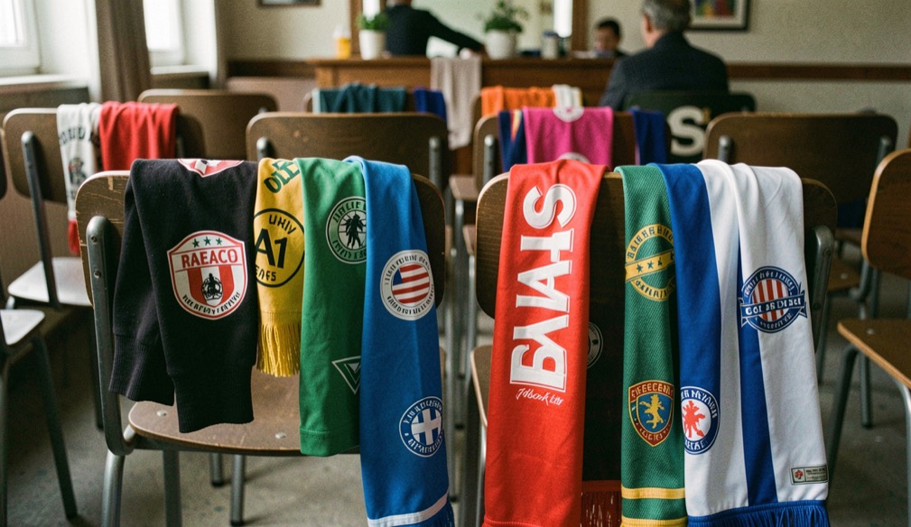 Sjaals van verschillende clubs naast elkaar over de rugleuning van cafestoelen, kleuren door elkaar.