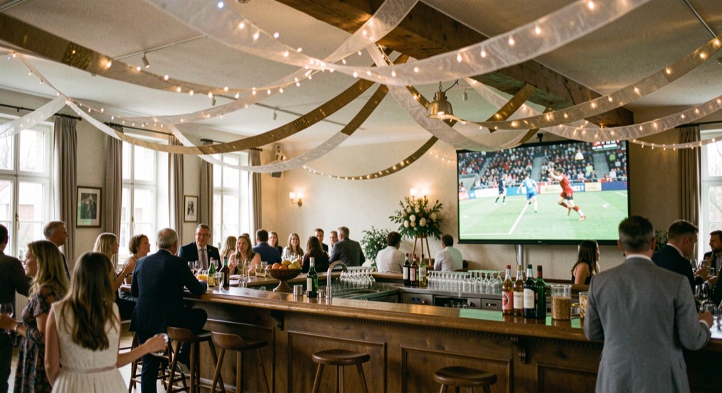 Feestelijk verlichte zaal met slingers boven de bar en een scherm dat een wedstrijd toont.