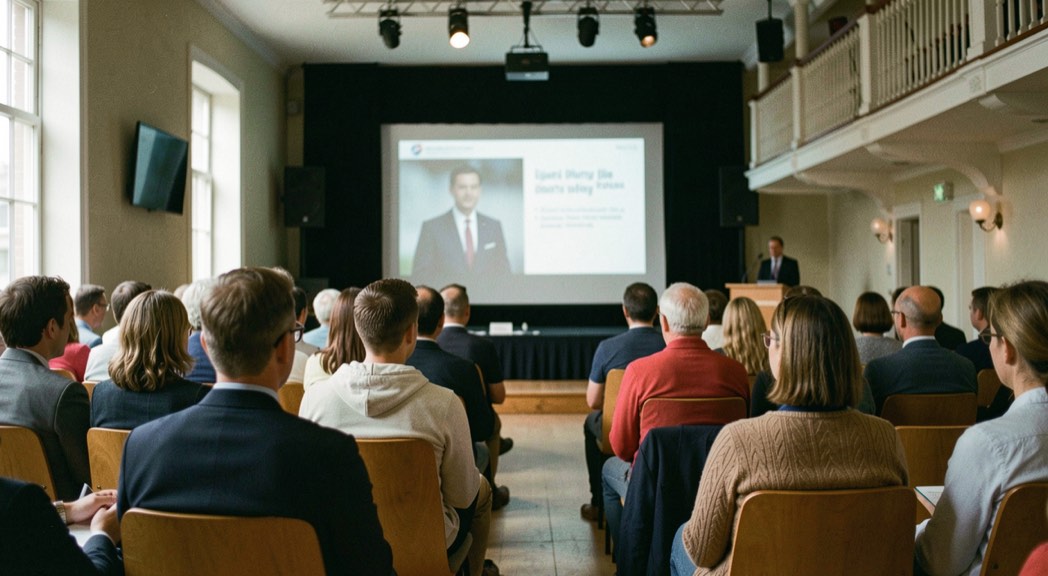 Zijaanzicht van een zaal waarbij de zichtlijn van een zittende gast naar het scherm goed te volgen is.
