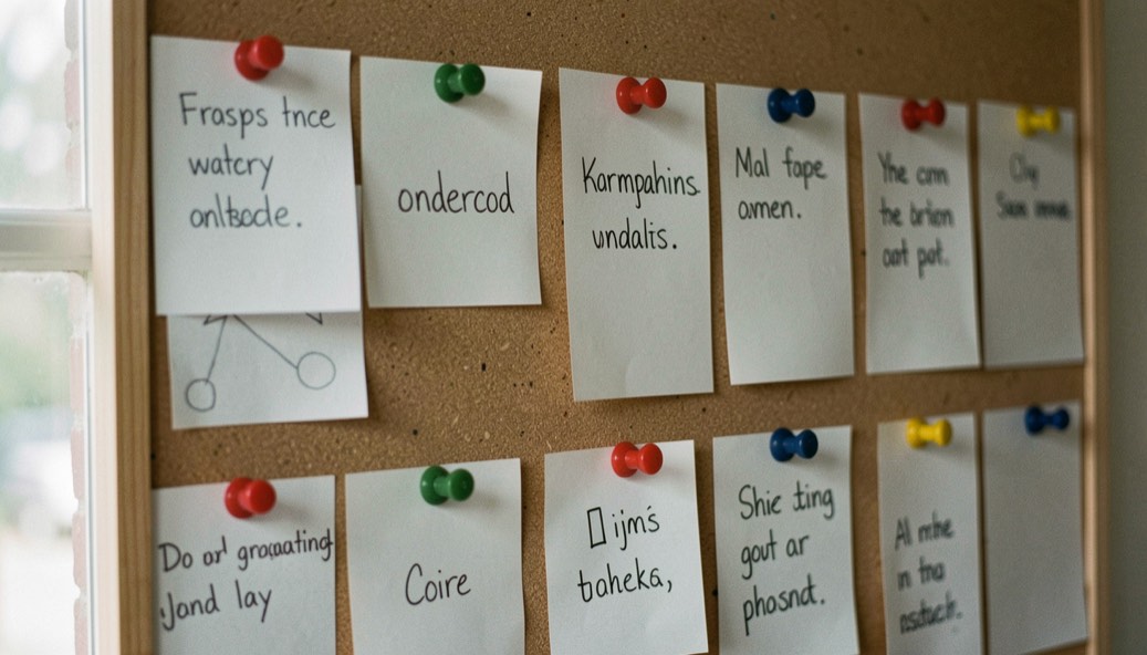 Prikbord met kaartjes en punaises, elk kaartje met een handgeschreven onderwerp erop.