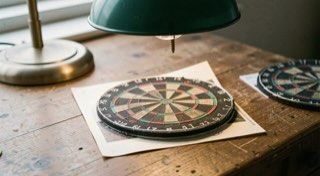 Stapel afdrukken op een tafel, bovenste foto toont een dartbord onder een lamp, rest half zichtbaar.