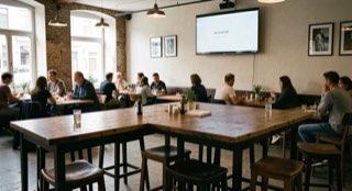Overzicht van een cafézaal met hoge tafels vooraan, lage tafels achterin en een scherm op de kopse muur.
