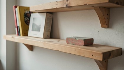 Rij keus in een houten rek aan een muur, krijtblokje op de plank ernaast.