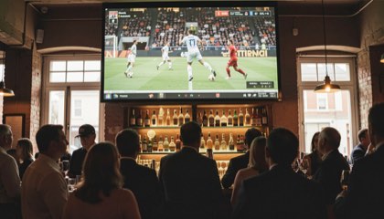 Groot scherm boven een bar met een wedstrijd, silhouetten van gasten ervoor in warm licht.