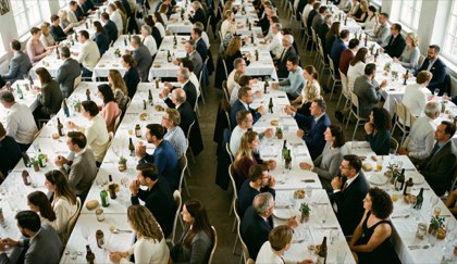 Volle zaal van bovenaf gezien, alle hoofden naar dezelfde kant gedraaid, tafels vol glazen.