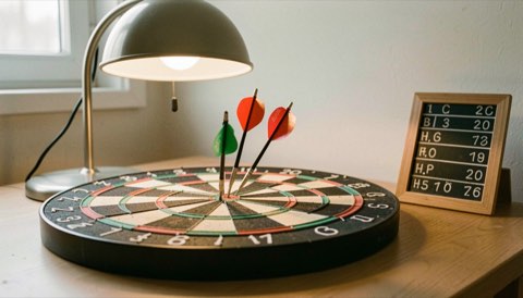 Dartbord onder een lage lamp, drie pijlen in de dubbel twintig, krijtbord met scores ernaast.