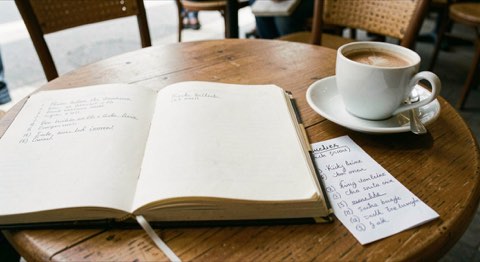 Opengeslagen notitieboek met een handgeschreven kijklijst naast een koffiekop op een cafétafel.