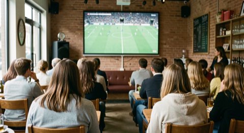 Volle cafézaal van achteren gezien, alle hoofden gedraaid naar een groot voetbalscherm aan de muur.
