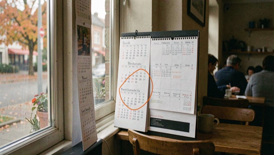Wandkalender met omcirkelde data naast een scherm in een café, herfstlicht door een zijraam.