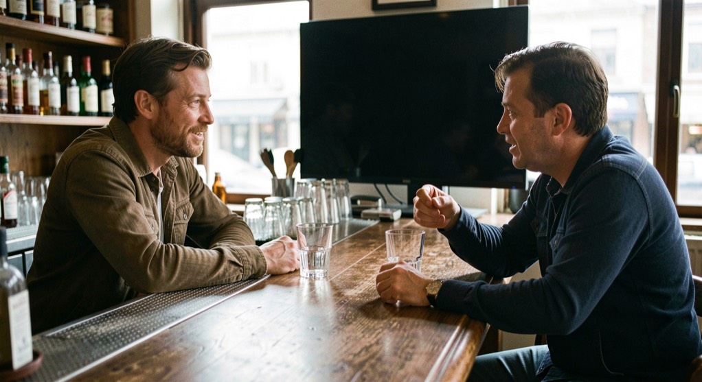 Twee mensen aan een bar in gesprek na afloop, lege glazen tussen hen in, scherm op zwart.