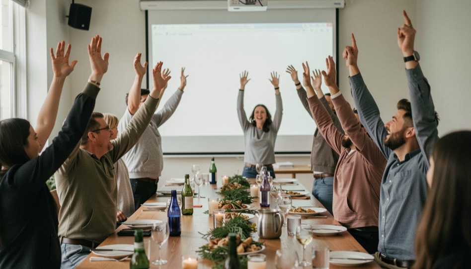 Groep mensen aan een lange tafel die tegelijk opspringt, handen omhoog, scherm wazig op de achtergrond.