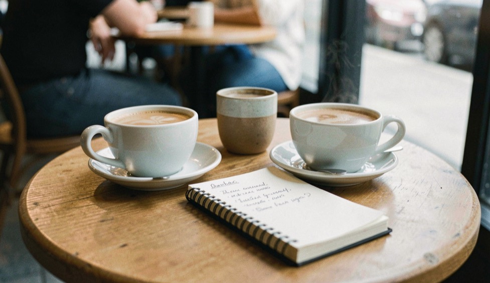 Twee koppen koffie en een beschreven blocnote tegenover elkaar op een cafétafel bij daglicht.