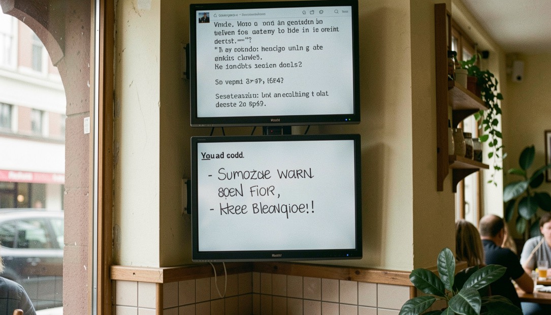 Twee schermen boven elkaar in een hoek van een café, het onderste zonder geluid met een samenvatting.