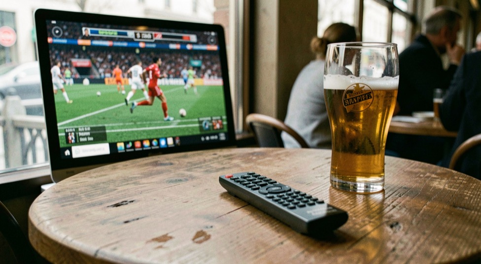 Afstandsbediening op een cafétafel voor een scherm met een lopende wedstrijd, glas bier ernaast.