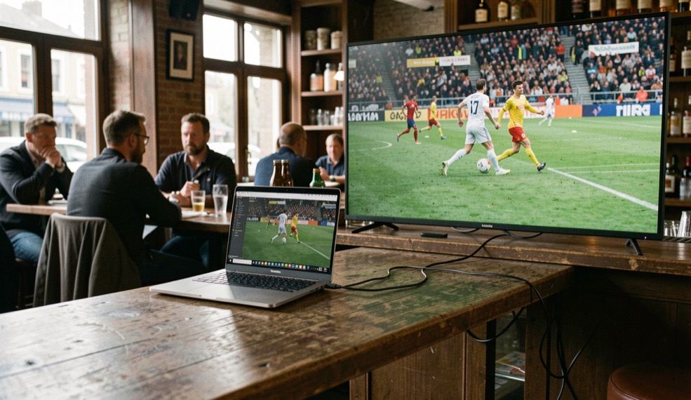 Laptop op een barblad aangesloten met een kabel op een groot scherm waarop een wedstrijd loopt.