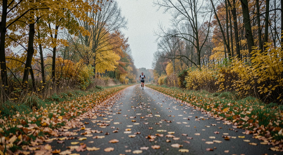 Natte kasseiweg in de herfst met gele bladeren, een enkele renner in de verte onder grijze lucht.
