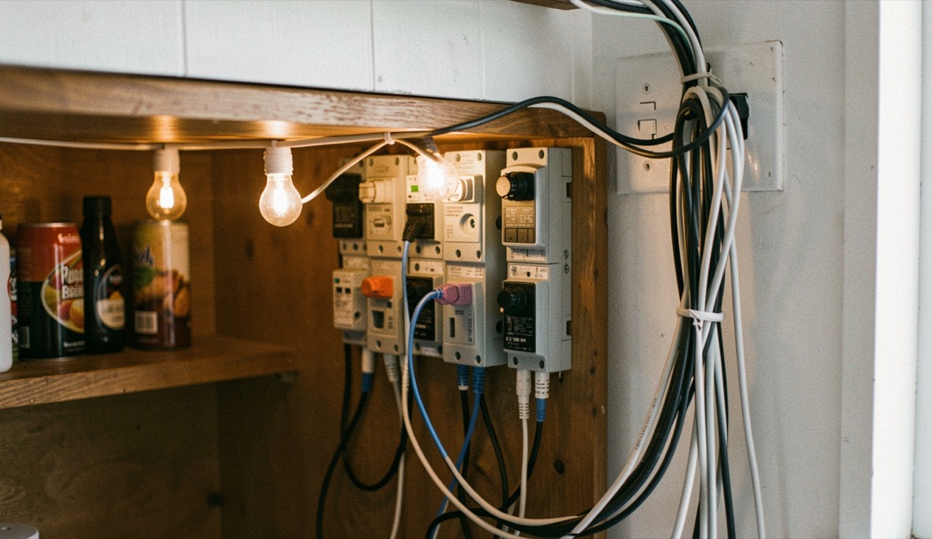 Rij ontvangers en kabels achter een barkast, lampjes branden, netjes gebundelde snoeren aan de muur.