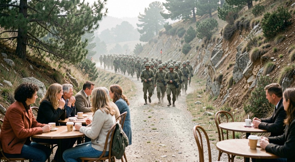 Scherm met een peloton op een bergweg, cafégasten met koffie aan tafels in de vroege middag.