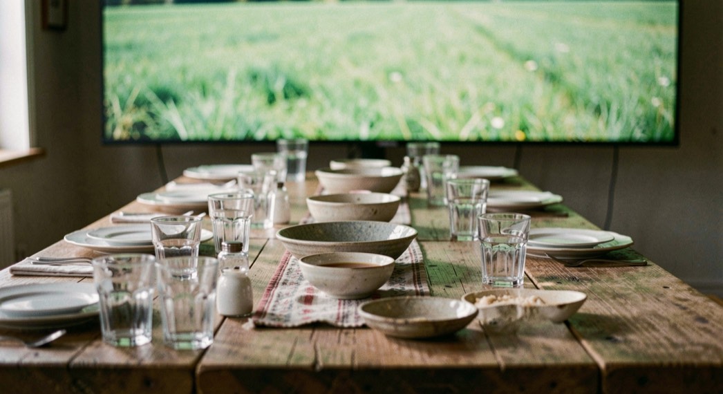 Lange houten tafel gedekt met glazen en schalen, scherm op de achtergrond met een groen veld.