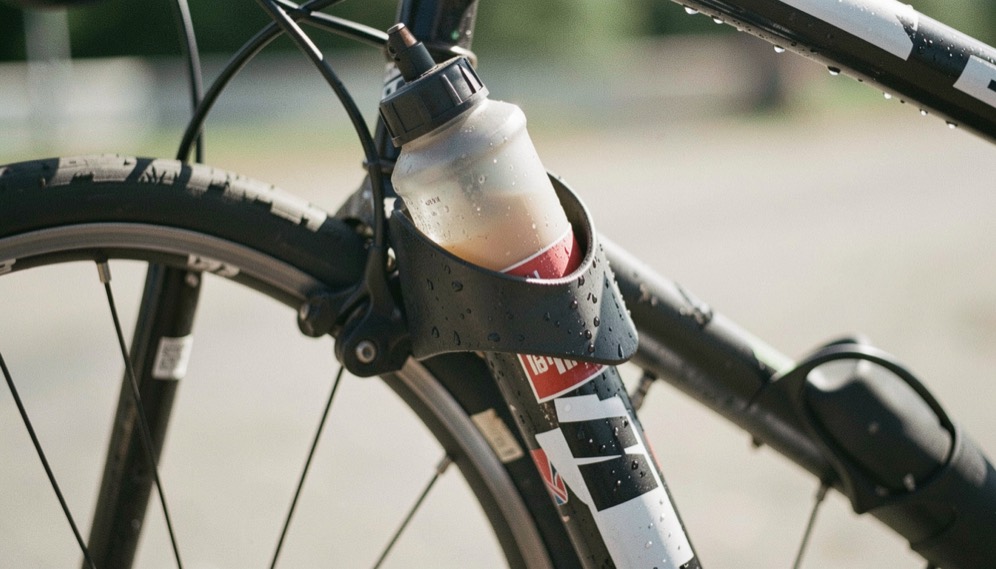 Close-up van een bidon in de houder van een racefiets, waterdruppels op het frame in zonlicht.
